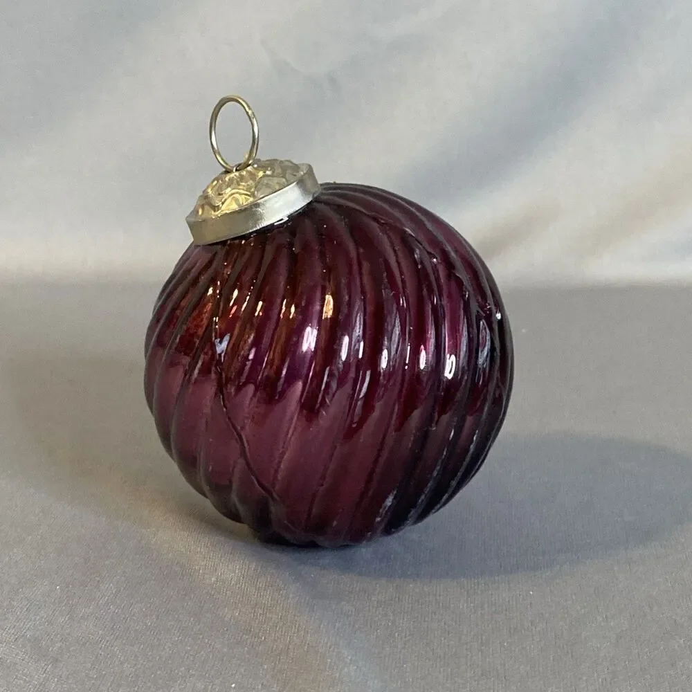 Kugel Inspired Blown Glass Ball Ornament Purple Ribbed Swirl Christmas Decor